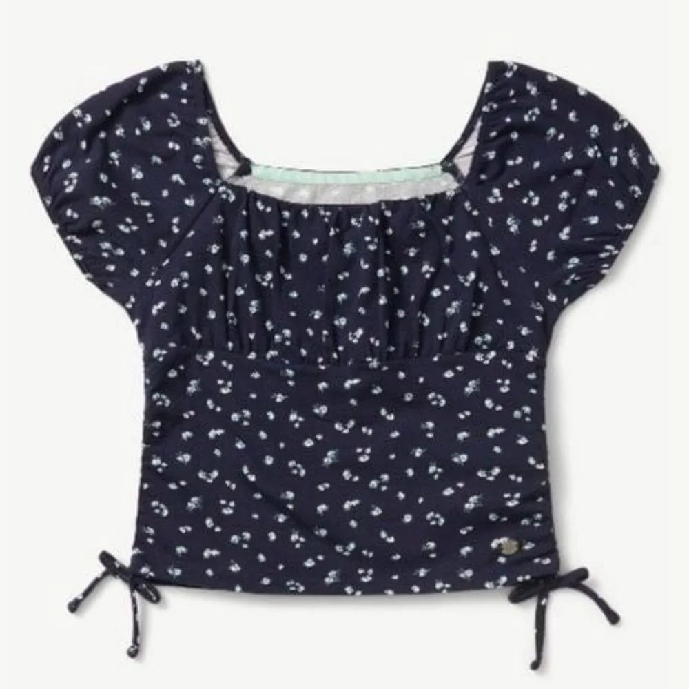 Justice Girls Navy Floral Puff Short Sleeve Cropped Cinched Side Top Size M (10)